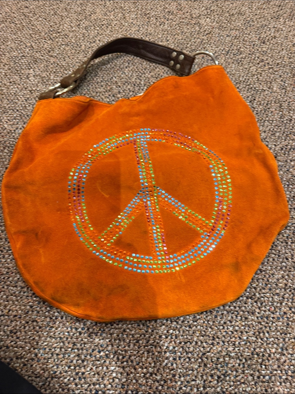 Orange Suede Hobo Bag with Brown Strap
